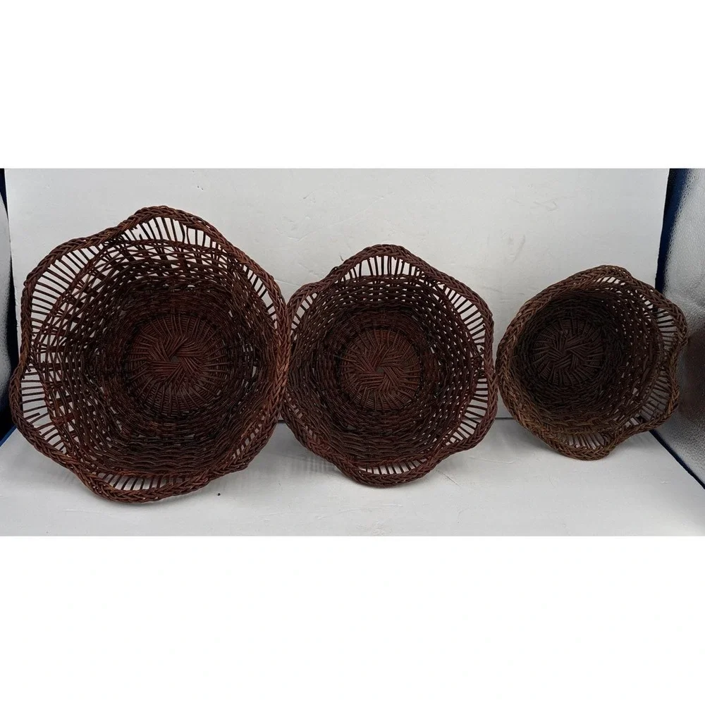 Vintage Set of 3 Wicker Nesting Baskets Handwoven Rattan Boho‎ Farmhouse